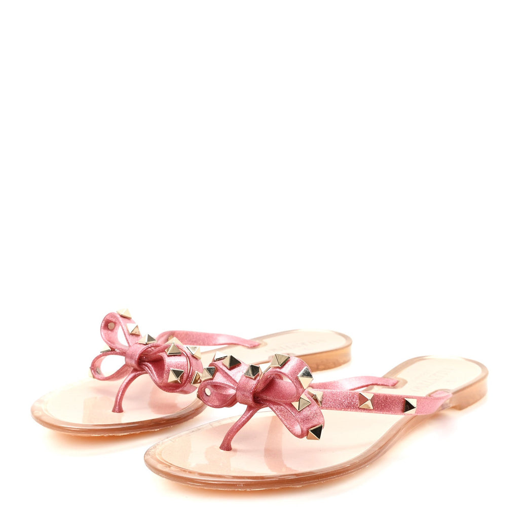 PVC Jelly Glitter Rockstud Bow Thong Sandals 37 Pink