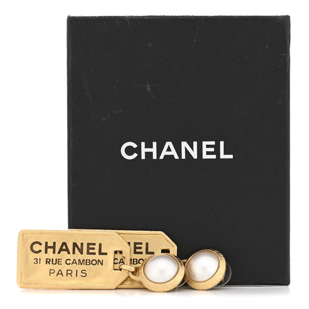 Pearl CC Tags Drop Earrings Gold
