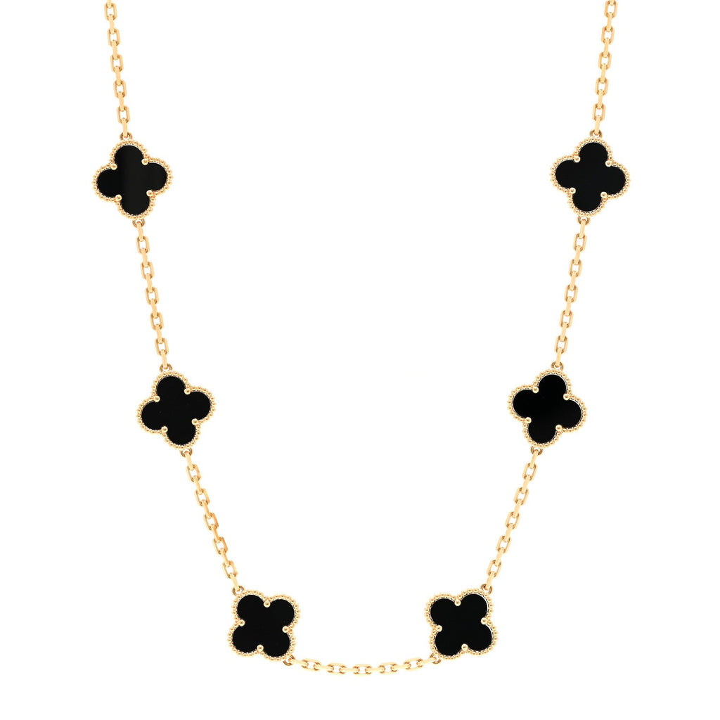 18K Yellow Gold Black Onyx 10 Motifs Vintage Alhambra Necklace