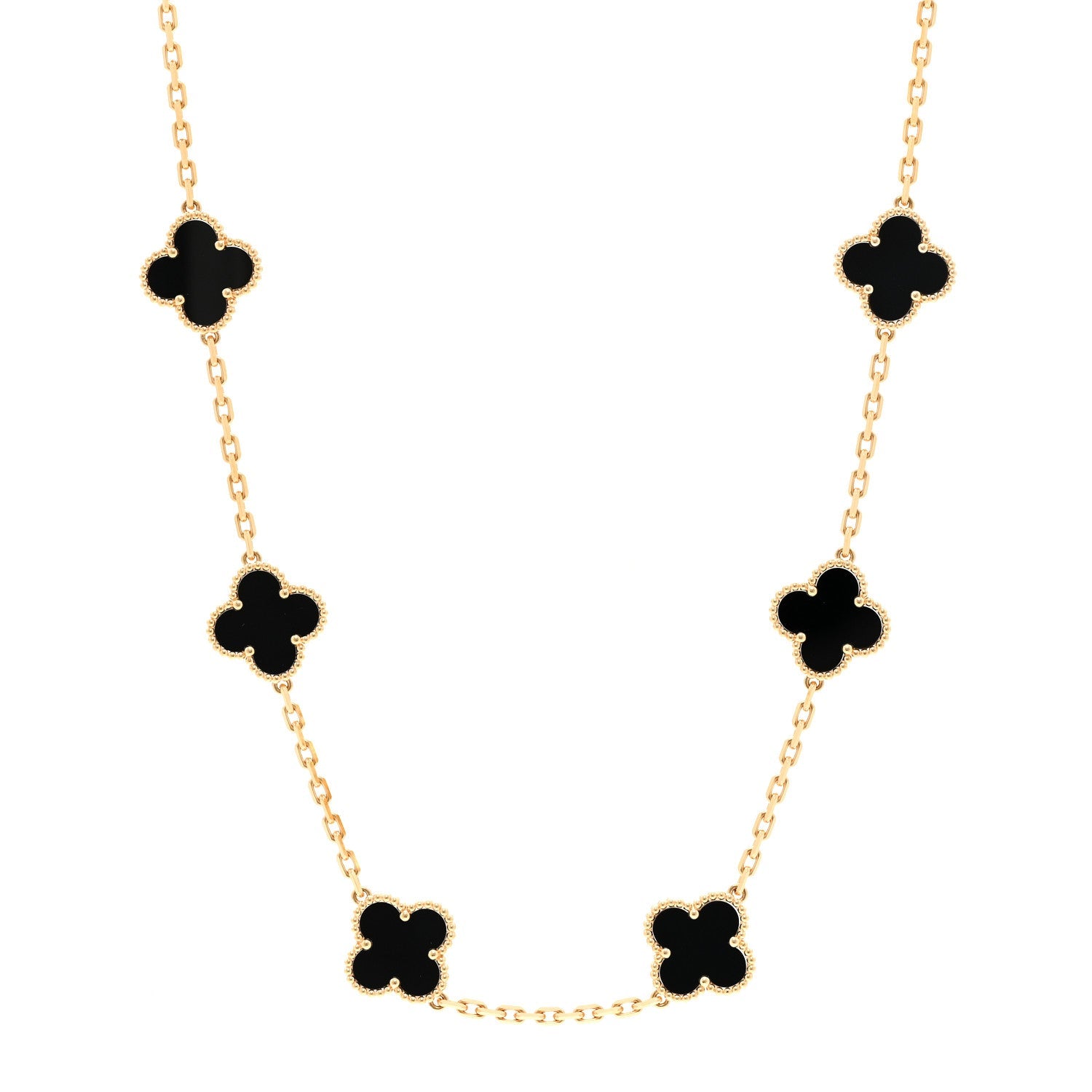 18K Yellow Gold Black Onyx 10 Motifs Vintage Alhambra Necklace