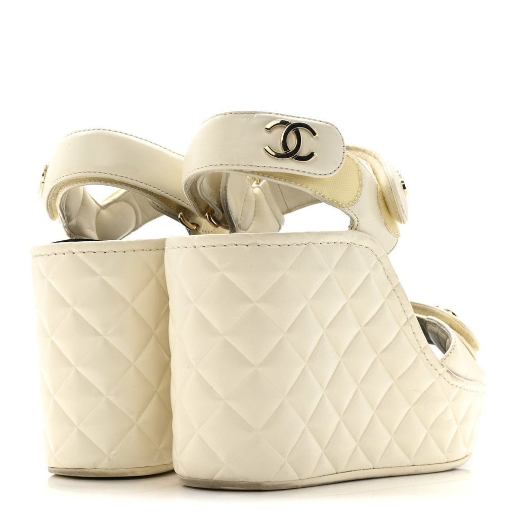 Shiny Calfskin Quilted Wedge Sandals 36 Ivory