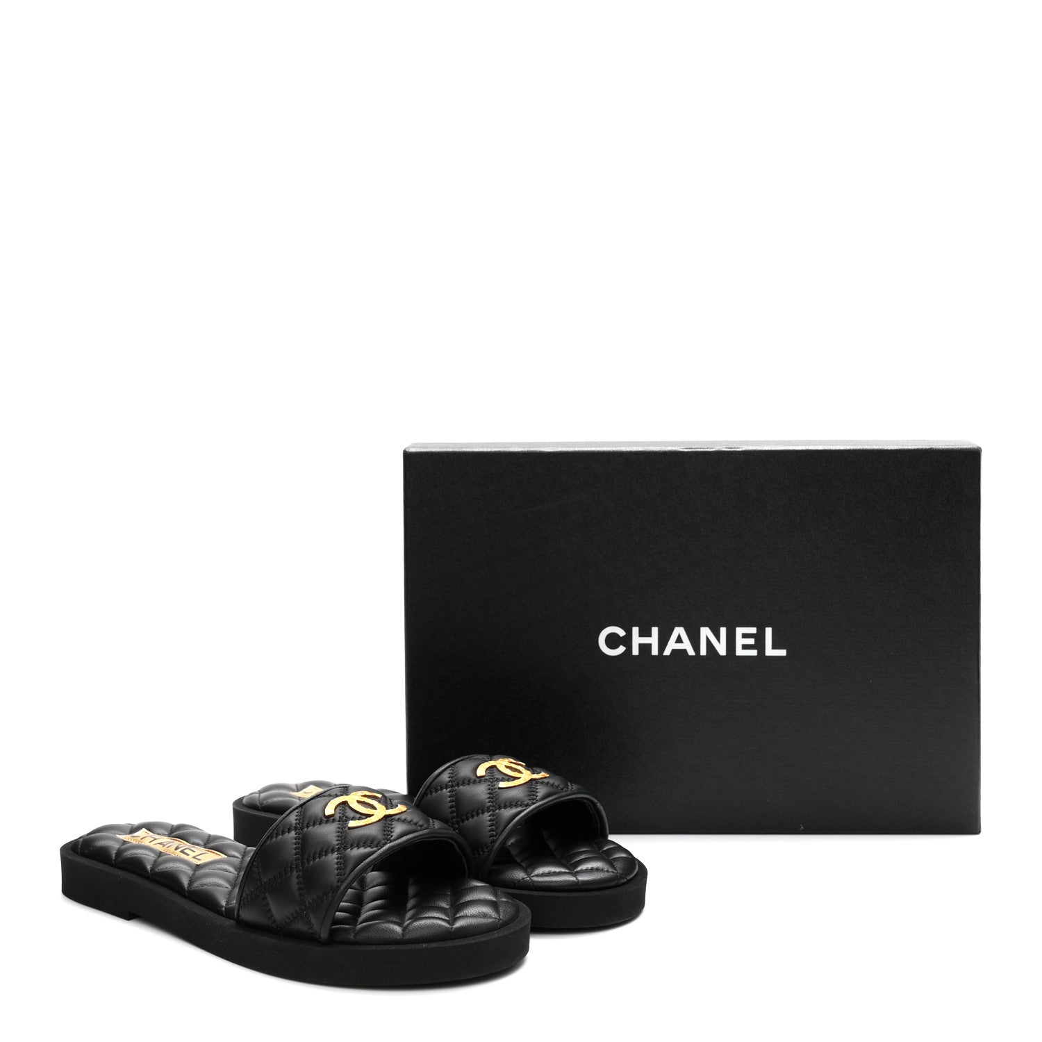 Lambskin Quilted Textured CC Mules Sandals 38.5 Black