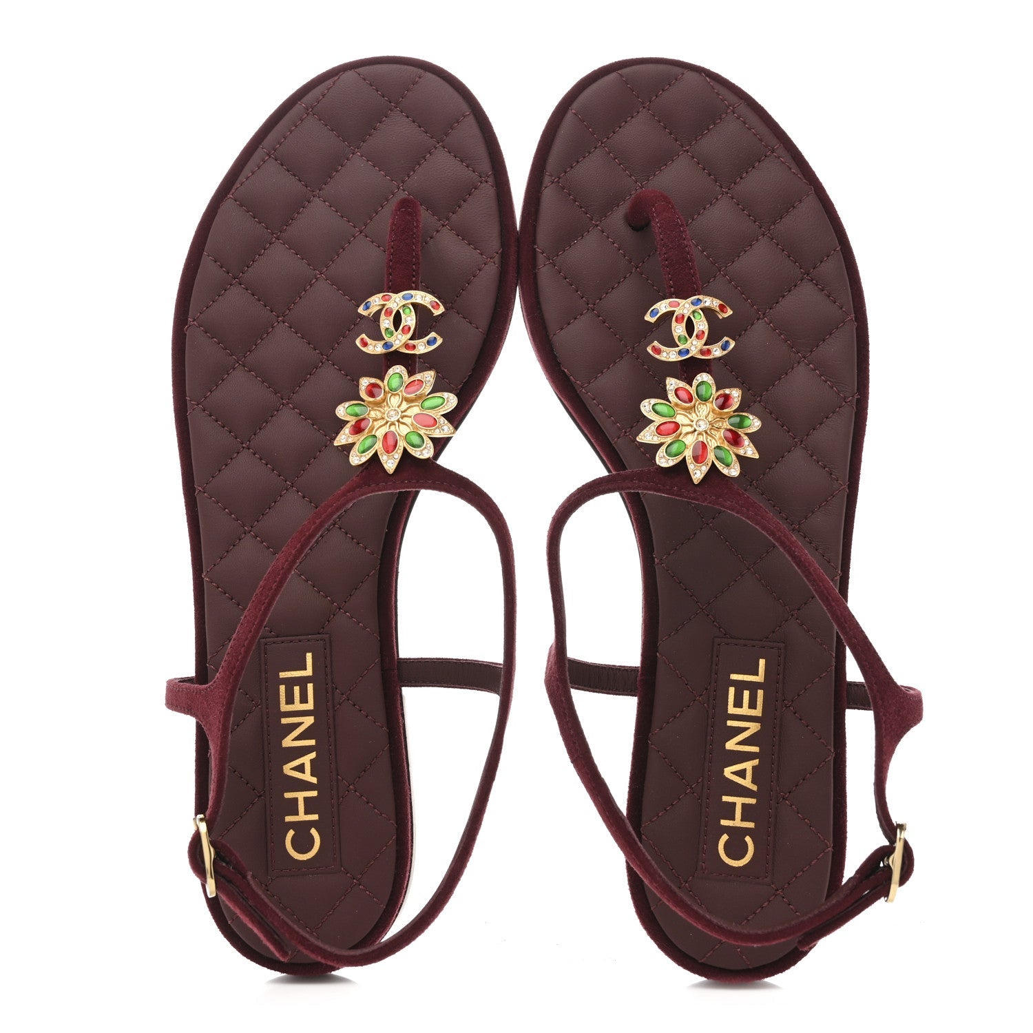 Suede Calfskin CC Crystal Thong Sandals 40.5 Burgundy