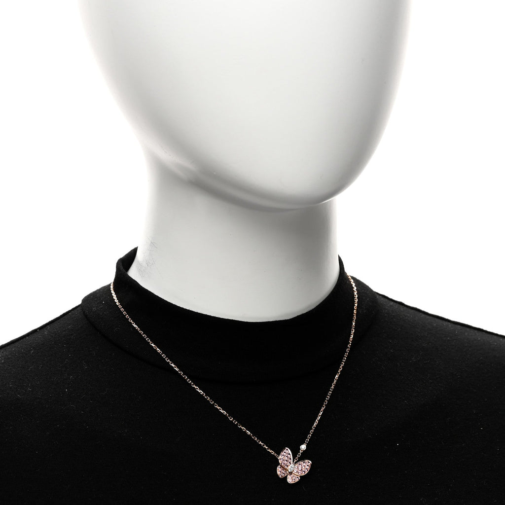 18K Rose Gold Diamond Pink Sapphire Two Butterfly Pendant Necklace