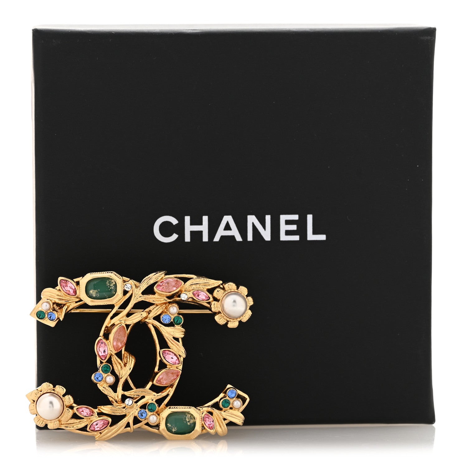 Crystal Pearl CC Leaf Brooch Gold Multicolor