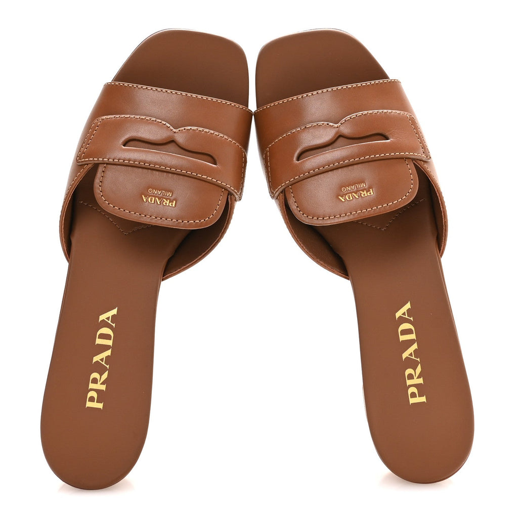 Calfskin Slide Sandals 38.5 Cuoio