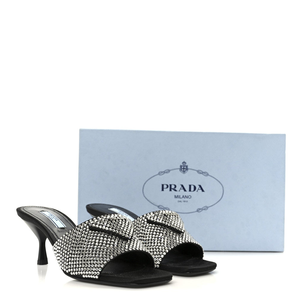 Satin Crystal Logo 65mm Slide Sandals 36 Cristal