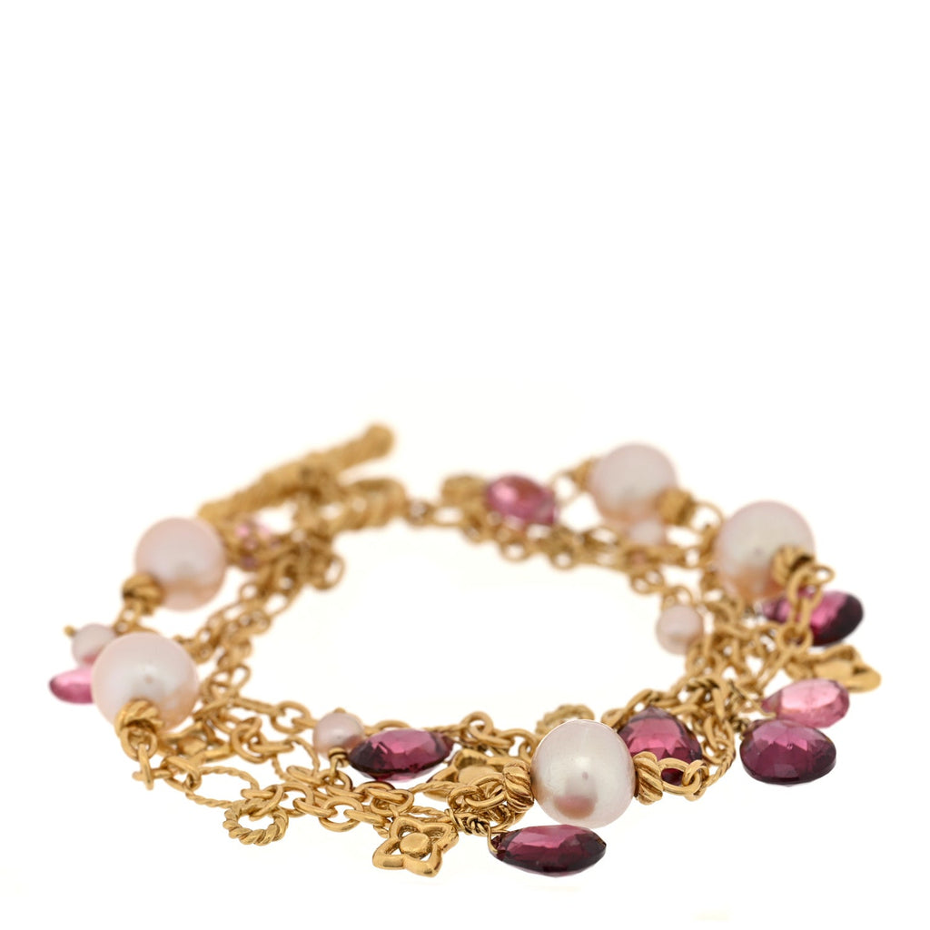 18K Yellow Gold Cultured Pearl Pink Tourmaline Rhodolite 3 Strand Bracelet
