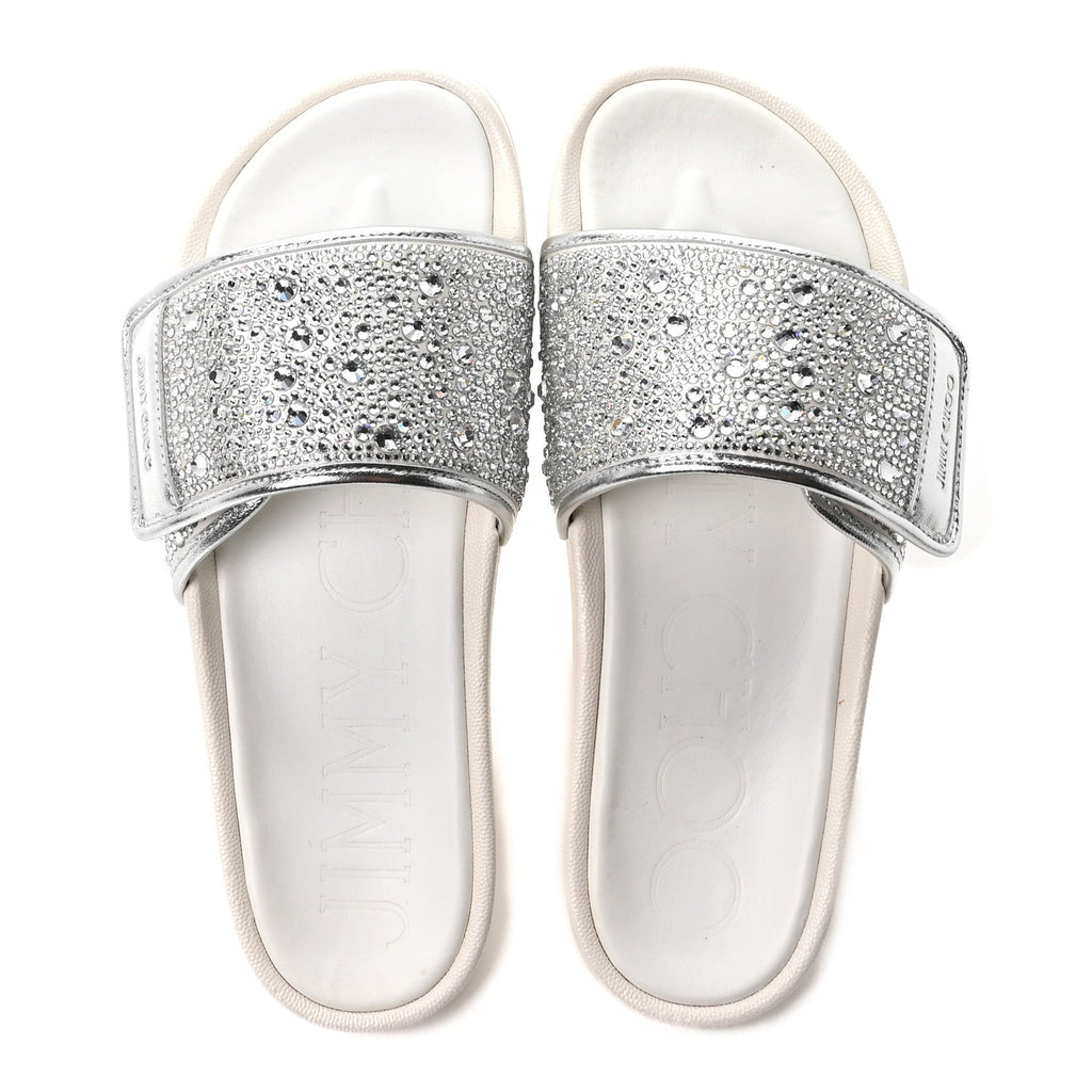 Satin Metallic Nappa Crystal Embellished Fitz Slide Sandals 39 Ivory