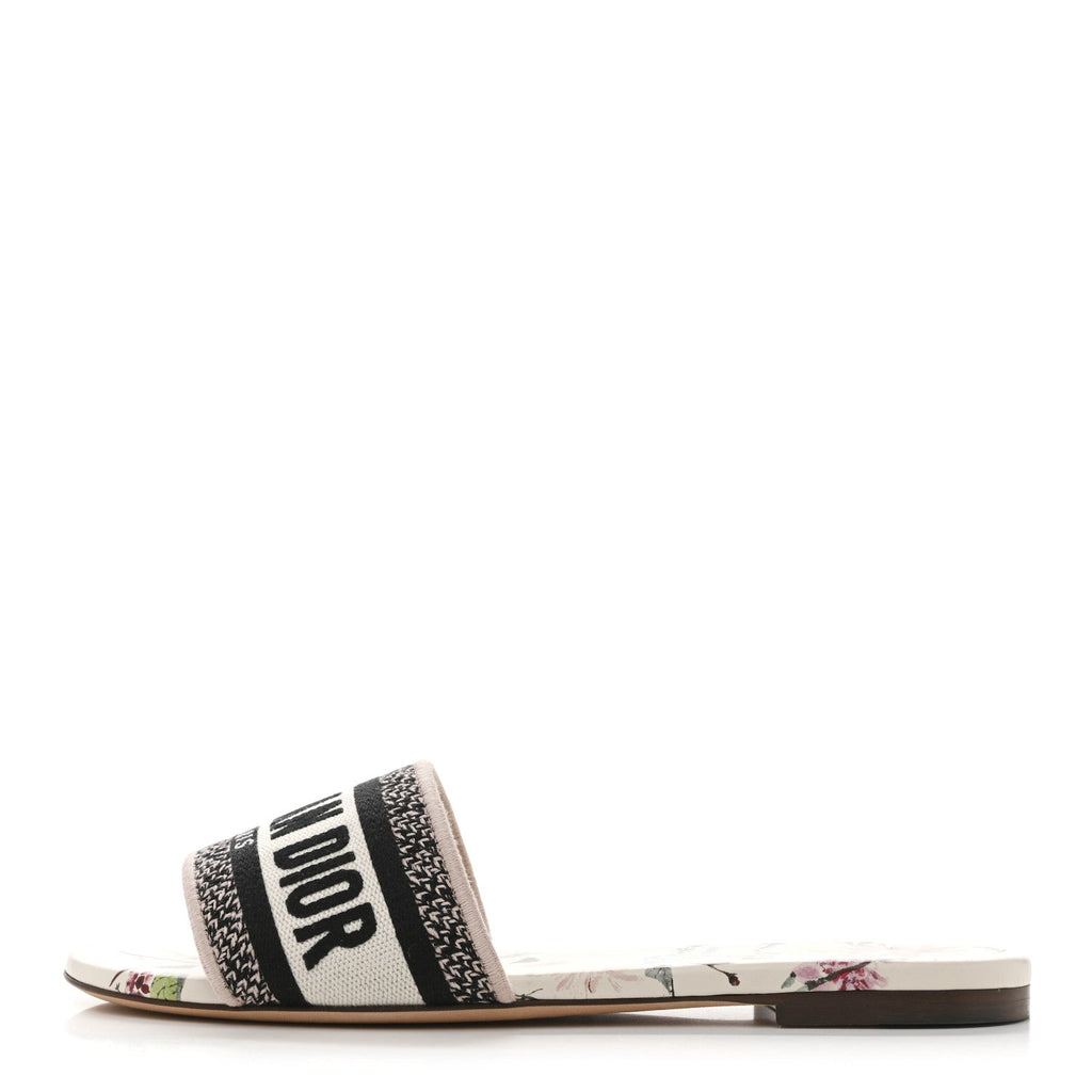 Canvas Millefiori Embroidered Dway Flat Slide Sandals 37 Nude White