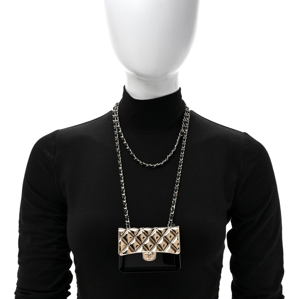 Metal Resin Lambskin Flap Bag Long Necklace Gold Black