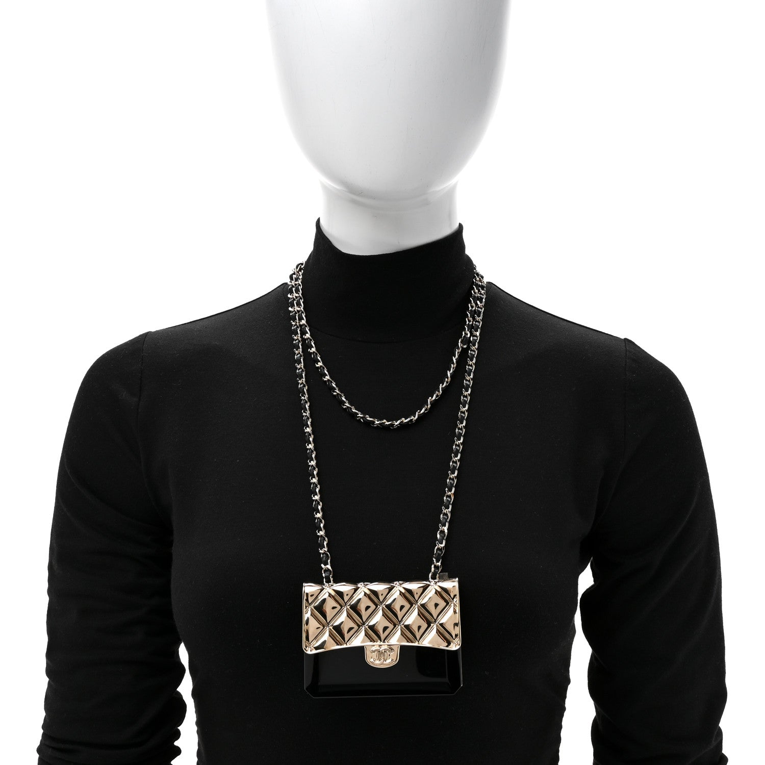 Metal Resin Lambskin Flap Bag Long Necklace Gold Black