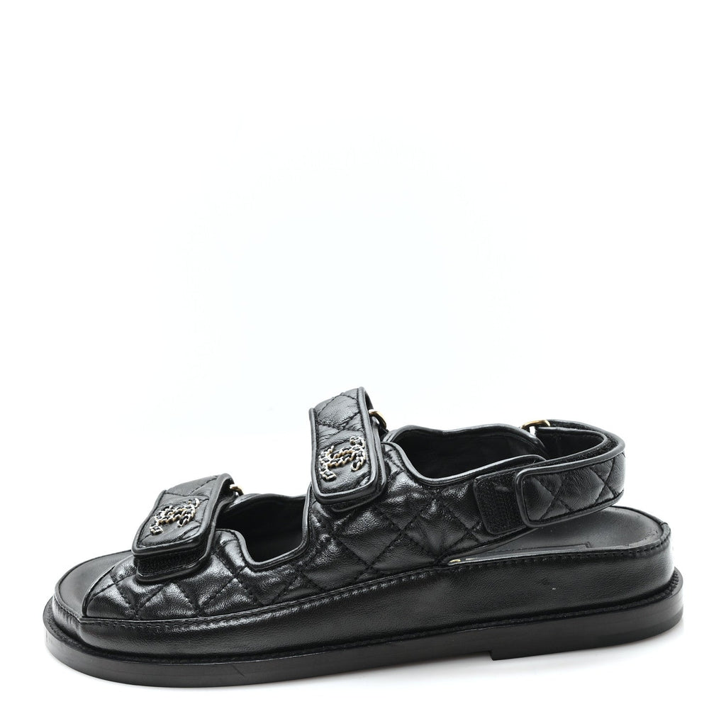 Lambskin Quilted Velcro Dad Chain CC Slide Sandals 36 Black