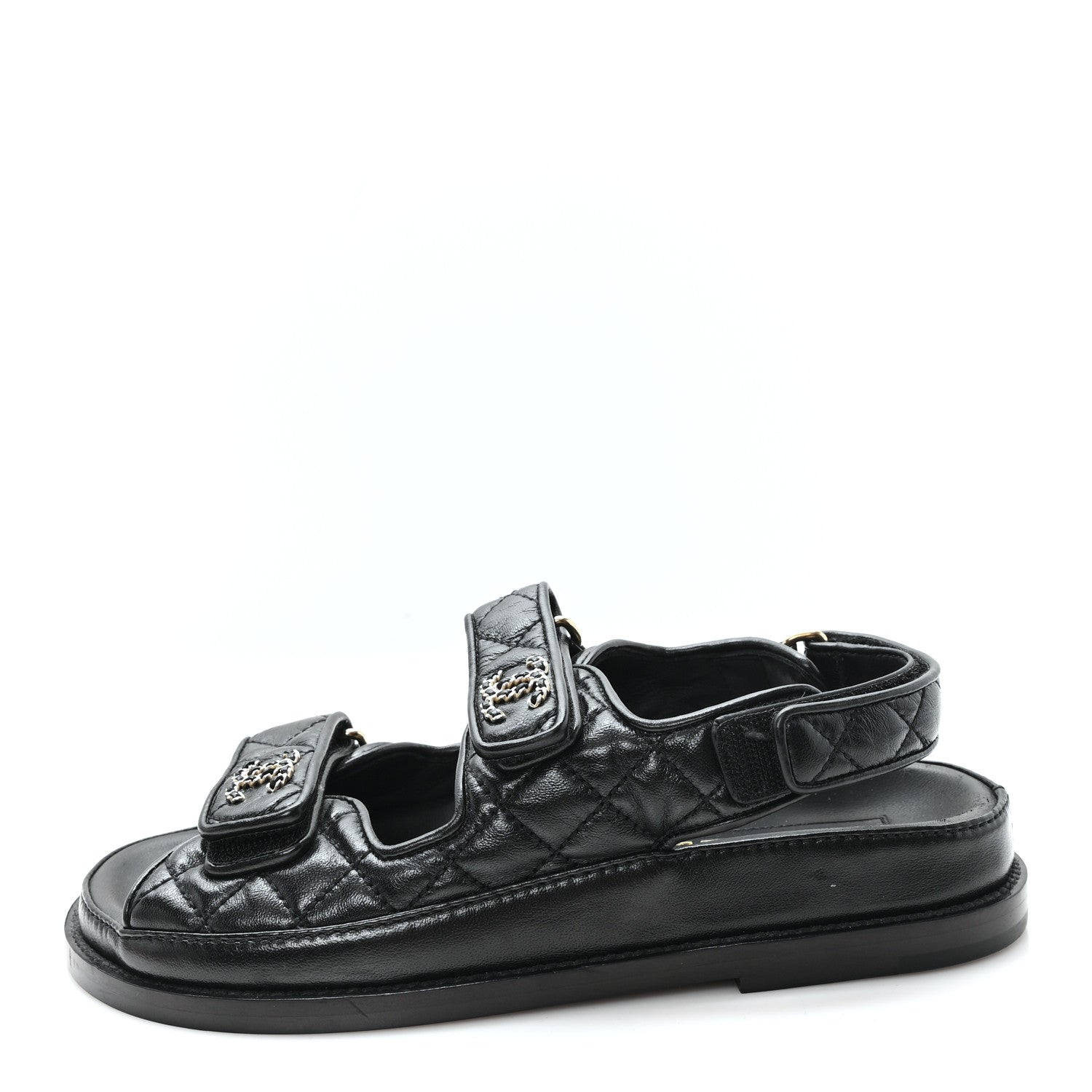 Lambskin Quilted Velcro Dad Chain CC Slide Sandals 36 Black