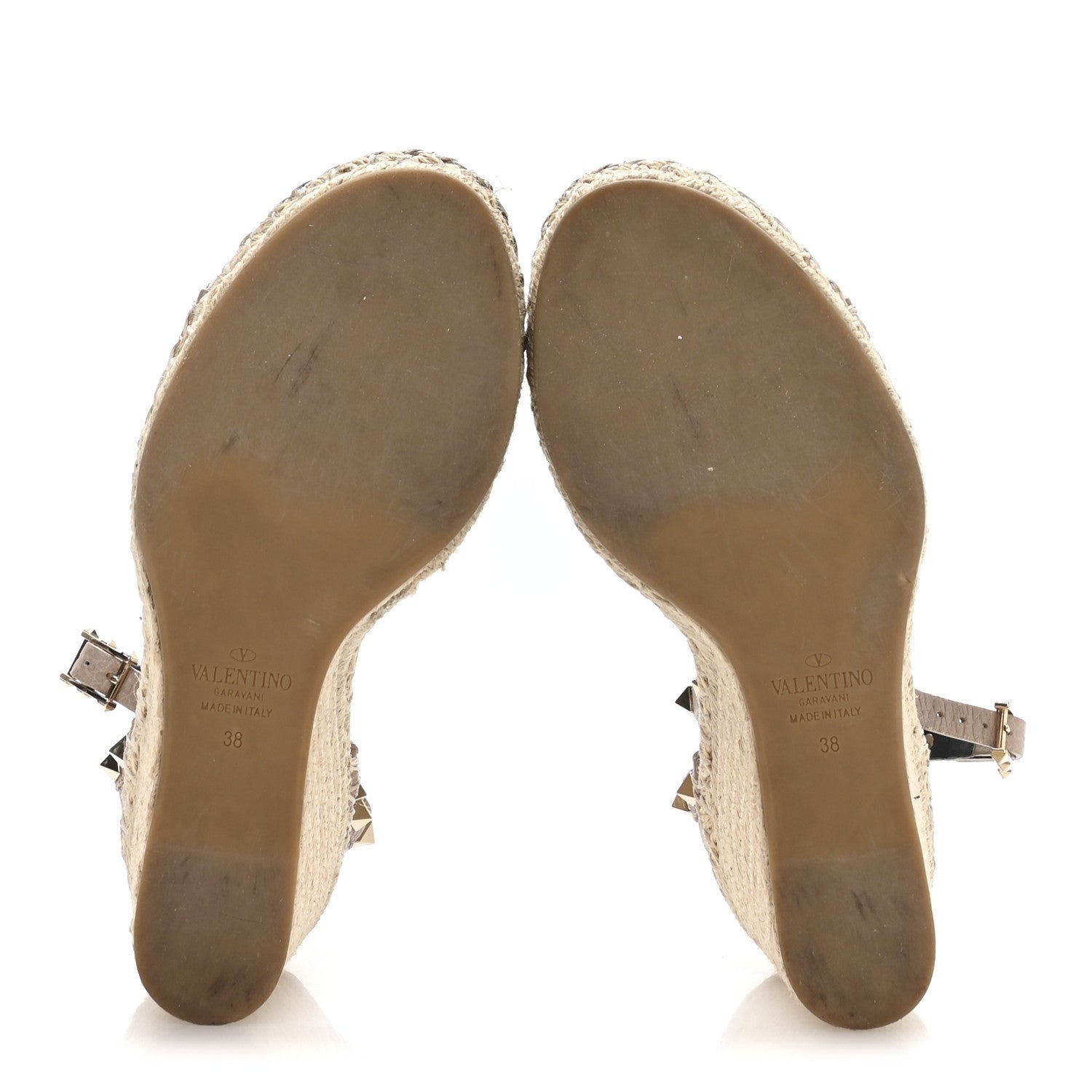 Grained Calfskin Rockstud Ankle Strap Espadrille 15/105mm Wedge Sandals 38 Rose Quartz Natural