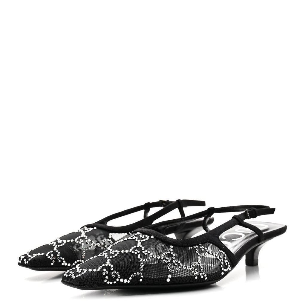 Tela Retino Kid Scamosciato Crystal GG Monogram Square G 35mm Slingback Pumps 35.5 Black