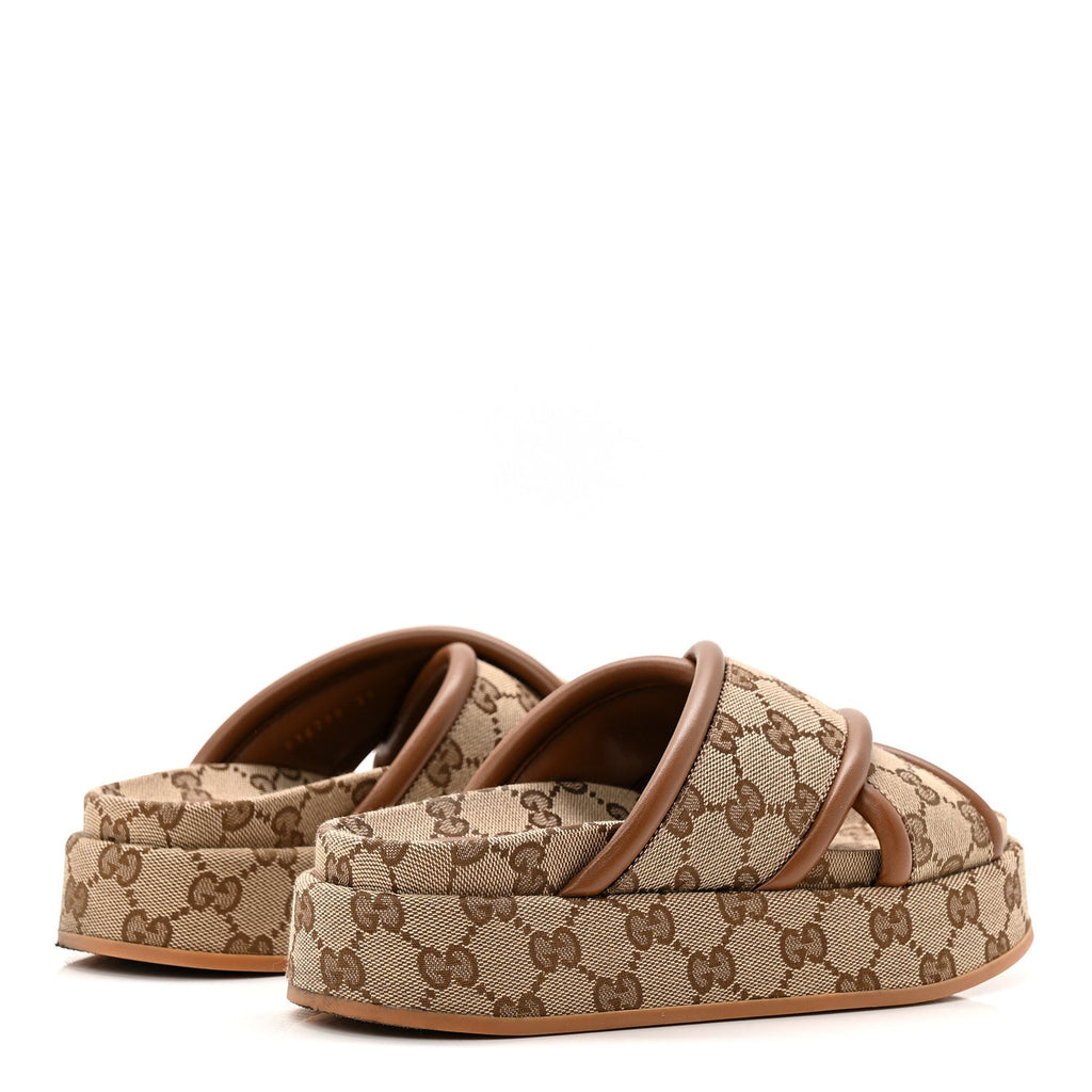Monogram GG Calfskin Angelina Platform 55mm Slide Sandals 35 Camel Ebony