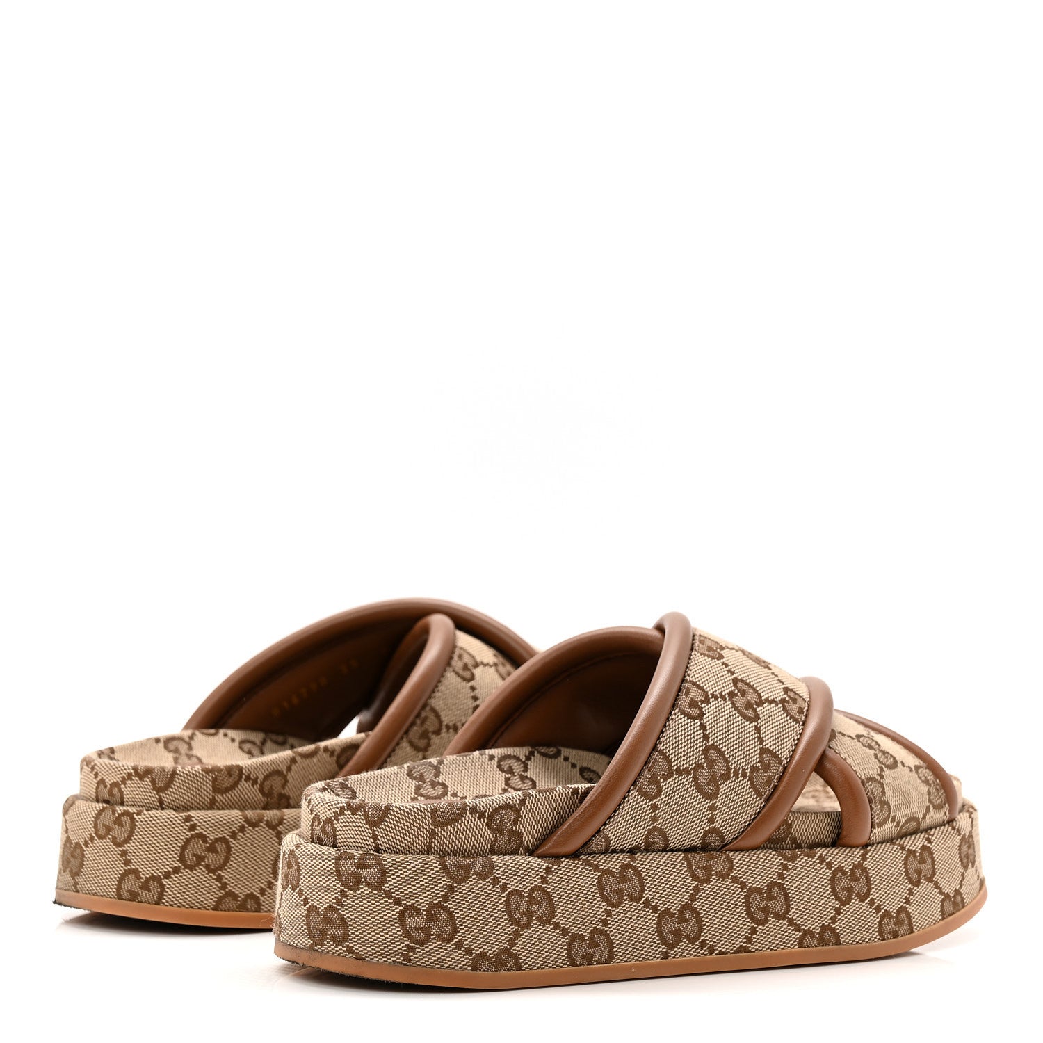 Monogram GG Calfskin Angelina Platform 55mm Slide Sandals 35 Camel Ebony