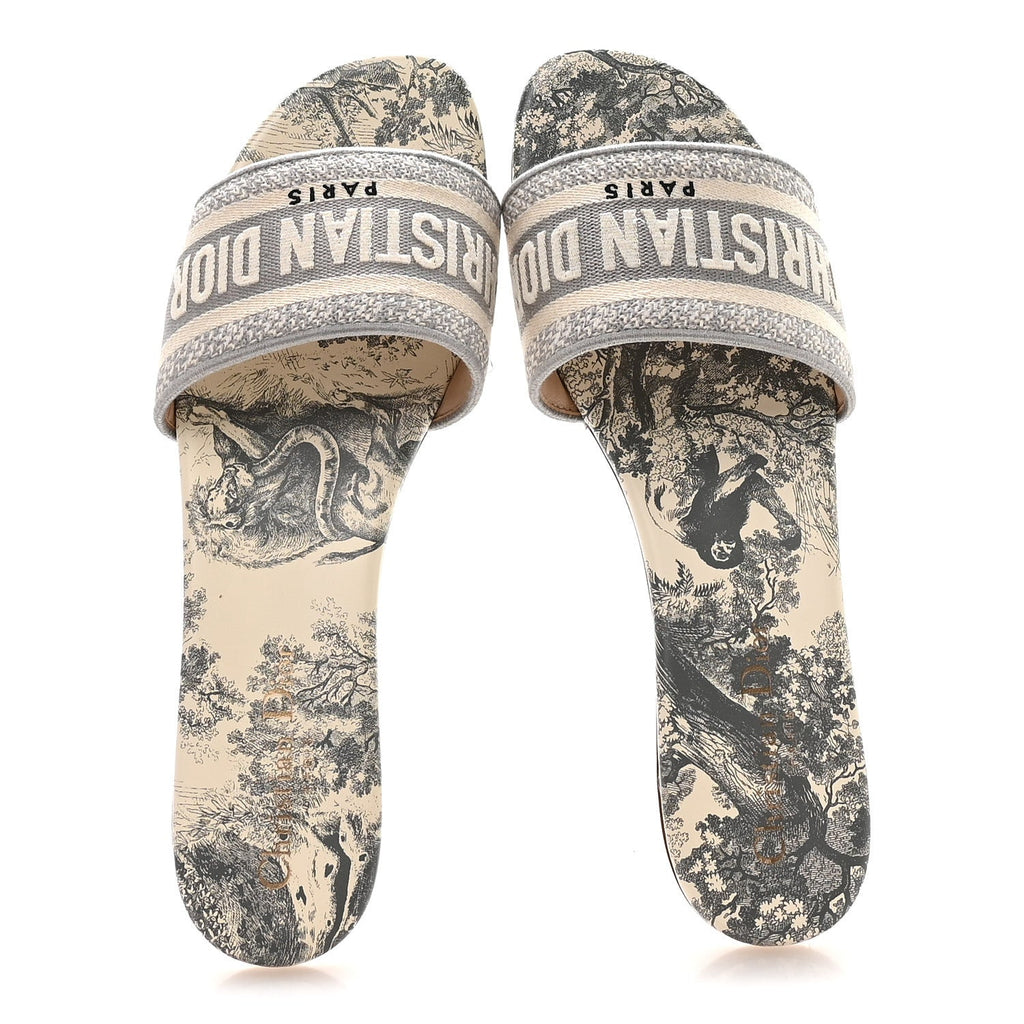 Canvas Toile De Jouy Embroidered Dway Flat Slide Sandals 39.5 Light Grey