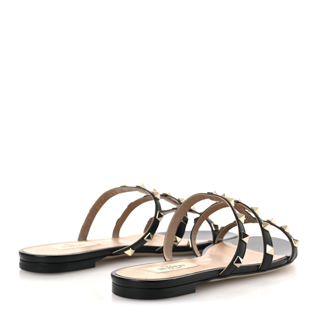 Nappa Rockstud Caged Flat Slide Sandals 37.5 Black