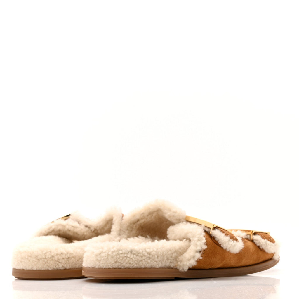 Suede Shearling Fendi Feel Buckled Slide Sandals 40 Beige Latte