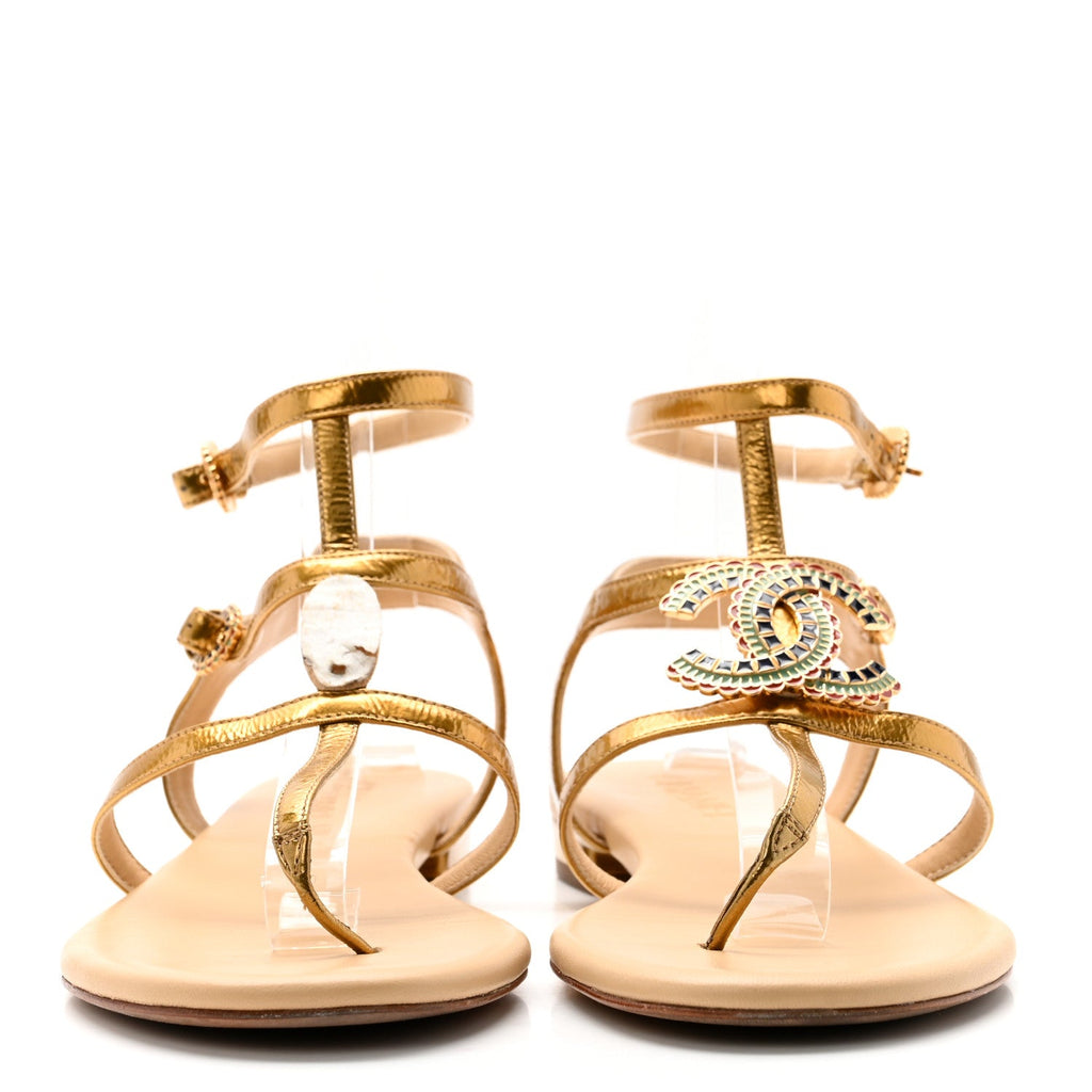 Laminated Lambskin Enamel CC Thong Sandals 38.5 Golden