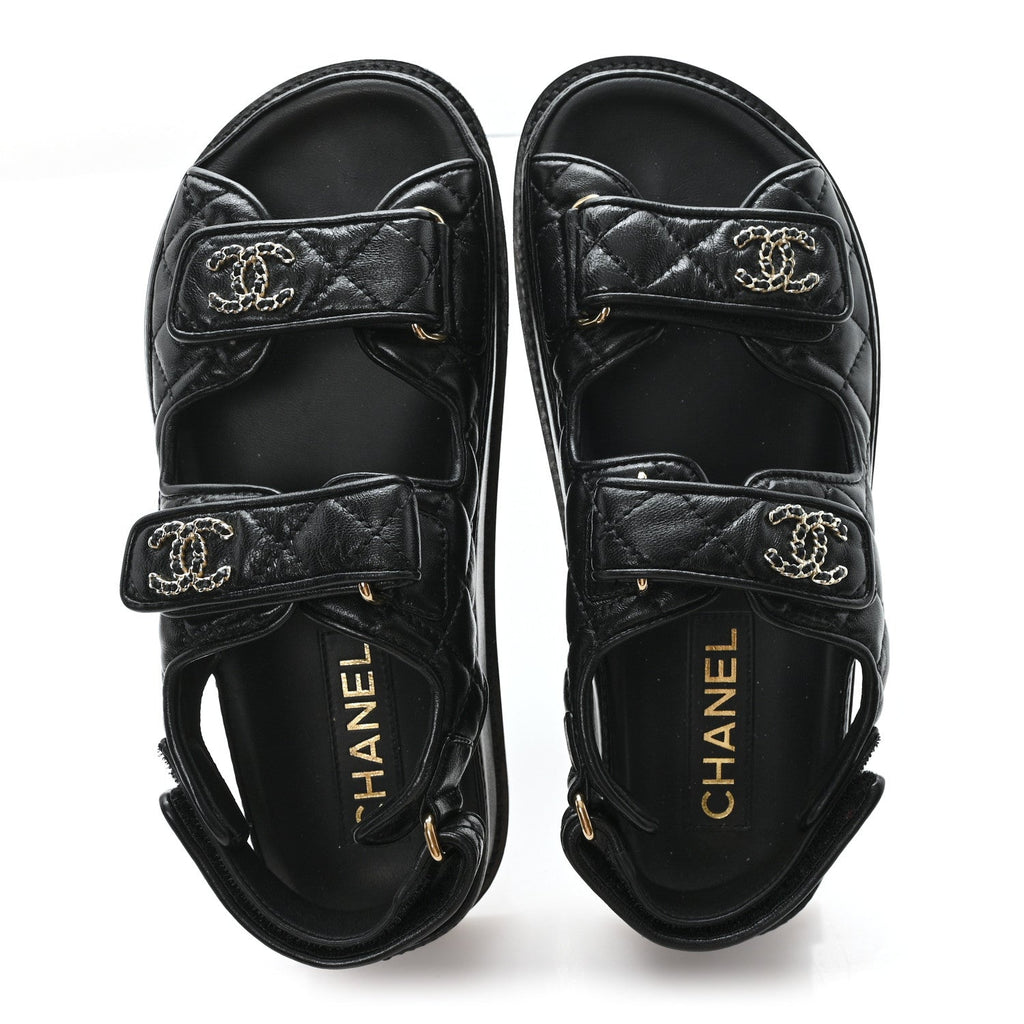 Lambskin Quilted Velcro Dad Chain CC Slide Sandals 36 Black