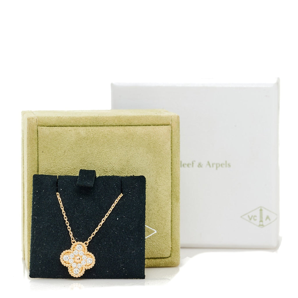 18K Rose Gold Diamond Vintage Alhambra Pendant Necklace