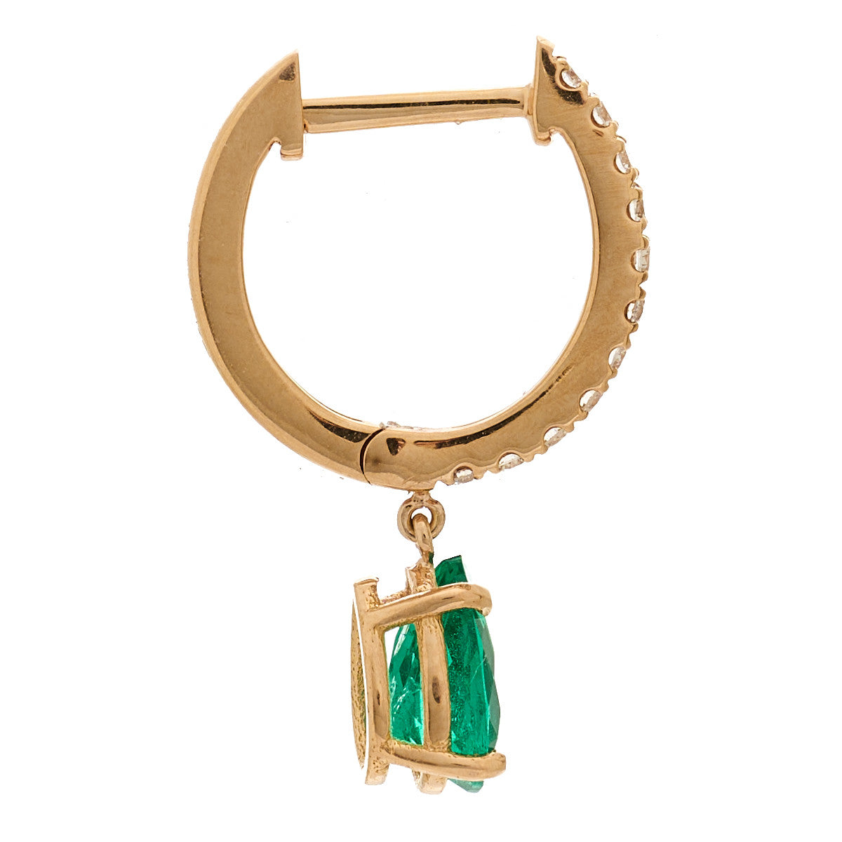 18K Rose Gold Diamond Emerald Pear Drop Huggie Single Earring