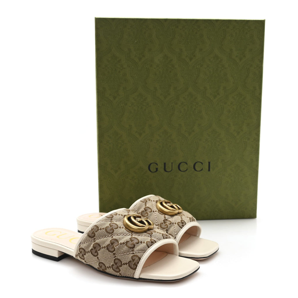 Monogram Matelasse Diagonal GG Marmont Flat Slide Sandals  35 Beige Ebony Mystic White