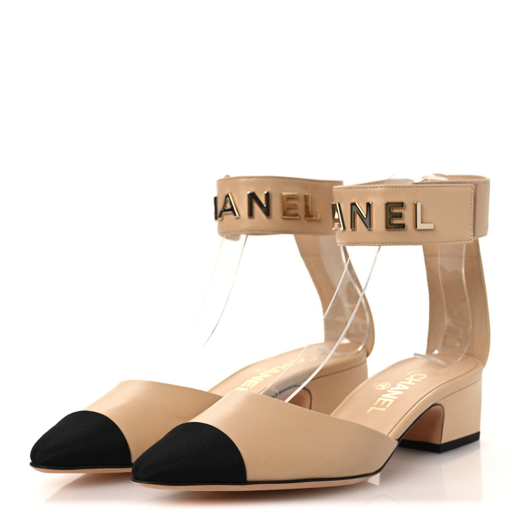 Lambskin Grosgrain Cap Toe Logo Ankle Strap Pumps 38 Beige Black