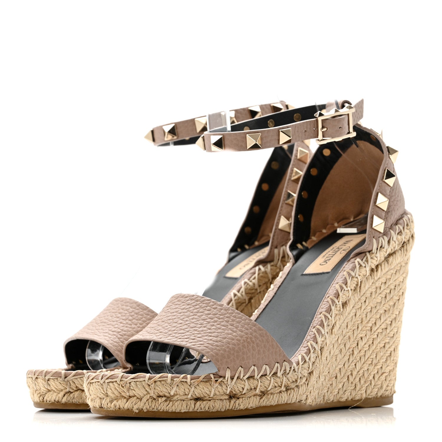 Grained Calfskin Rockstud Ankle Strap Espadrille 15/105mm Wedge Sandals 35 Rose Quartz Natural