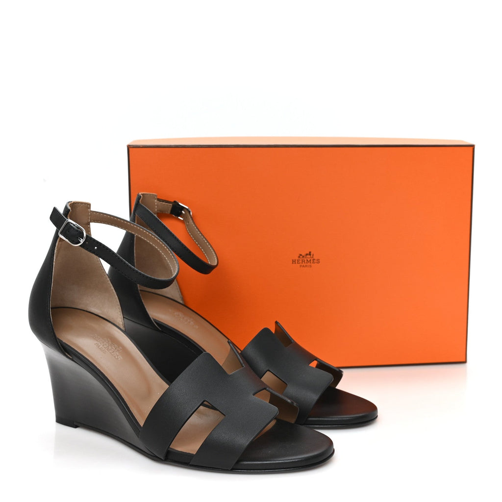 Calfskin Legend Wedge Sandals 38.5 Black