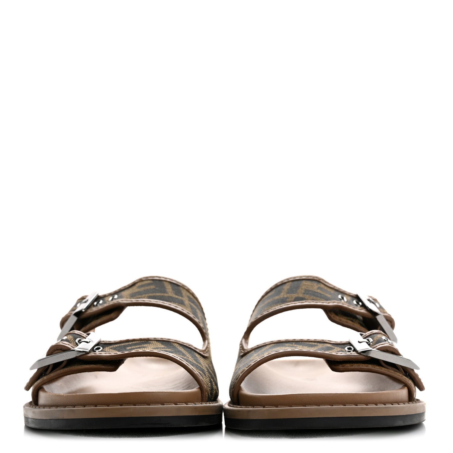 Fabric Jacquard Nappa FF Mens Fendi Feel Buckled Slide Sandals 5 Tobacco Black Miele Scuro