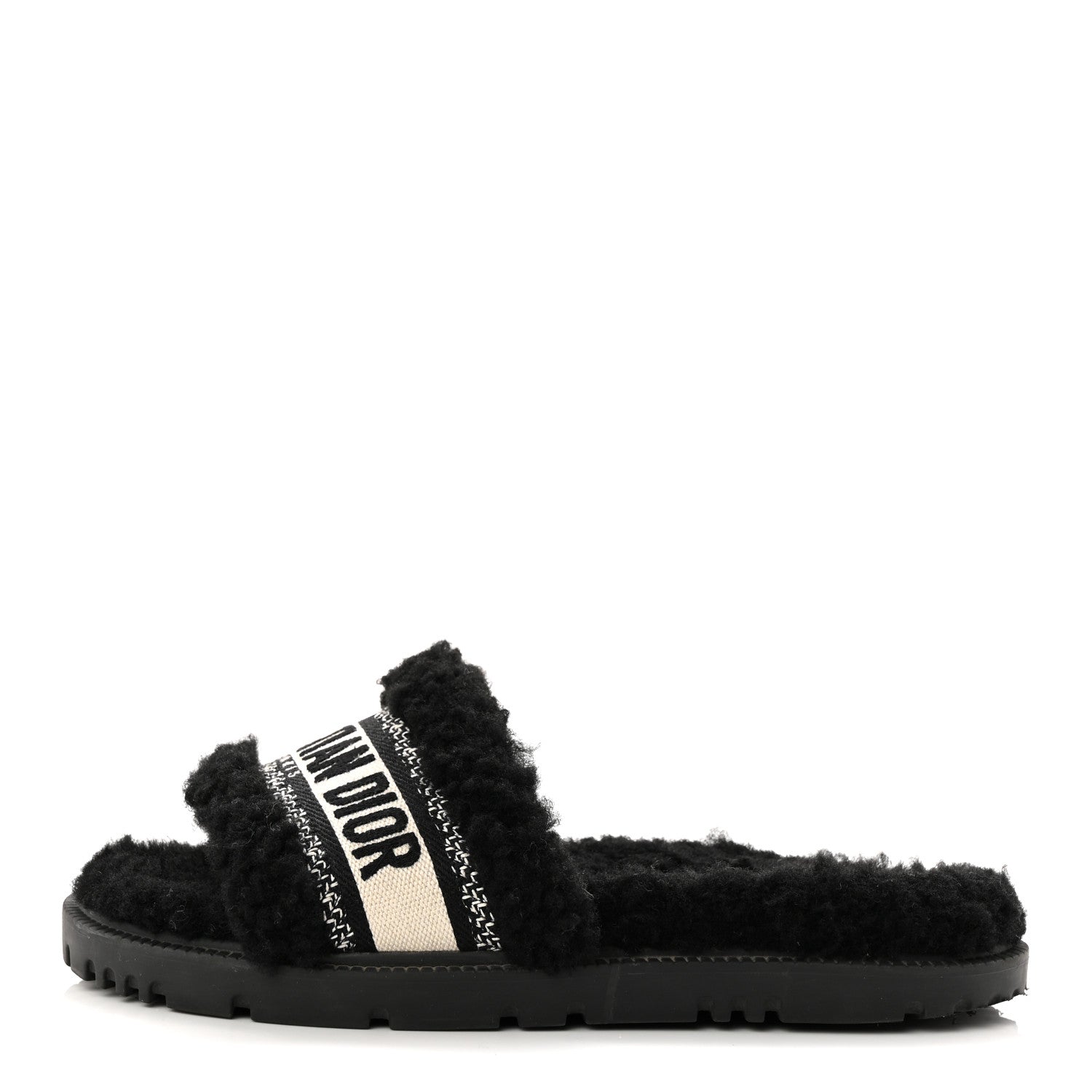 Shearling Canvas Lurex Embroidered Dway 10mm Slide Sandals 36 Black Natural