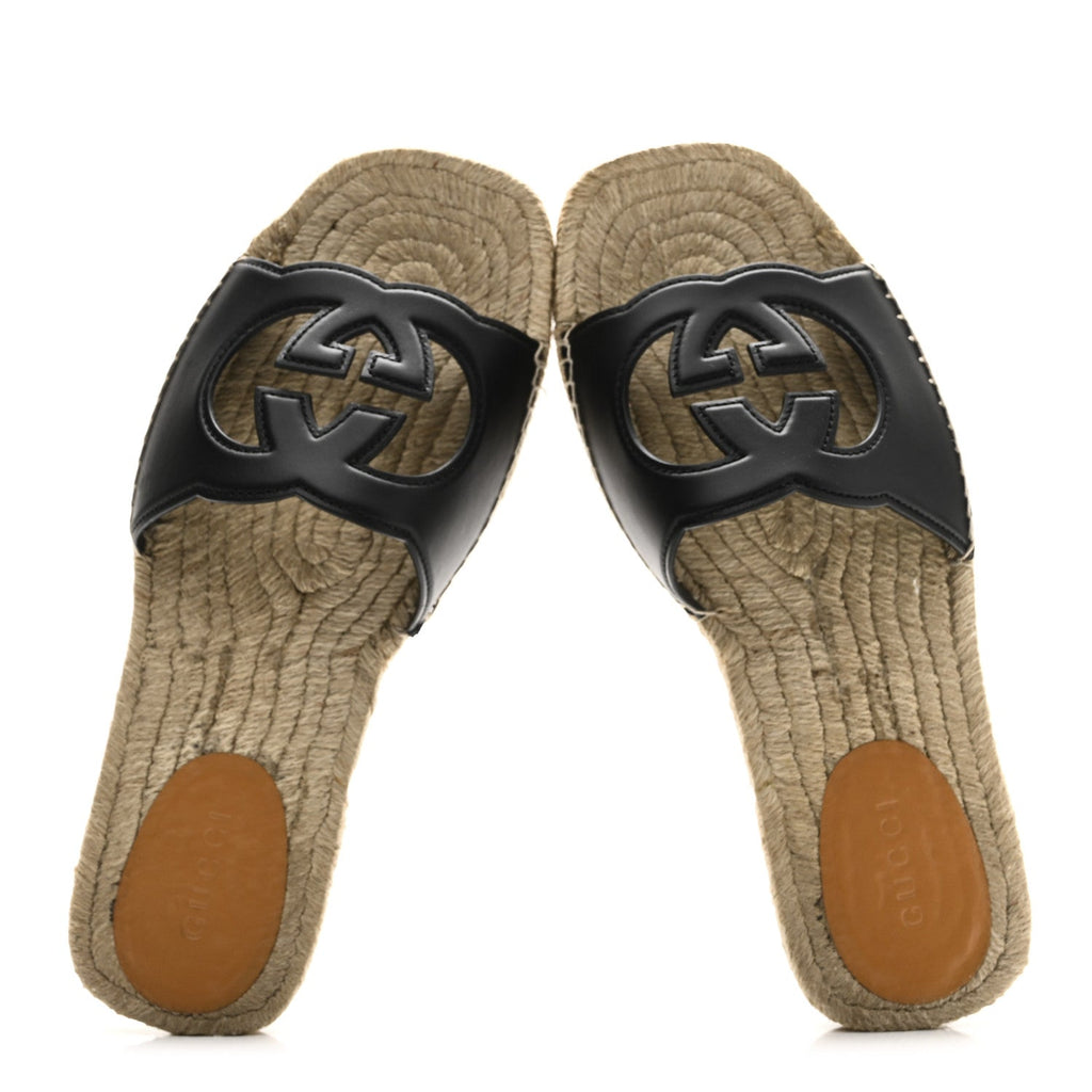 Cosmos Softy Calfskin Espadrille Mens Interlocking G Cut Out Slide Sandals 10 Black