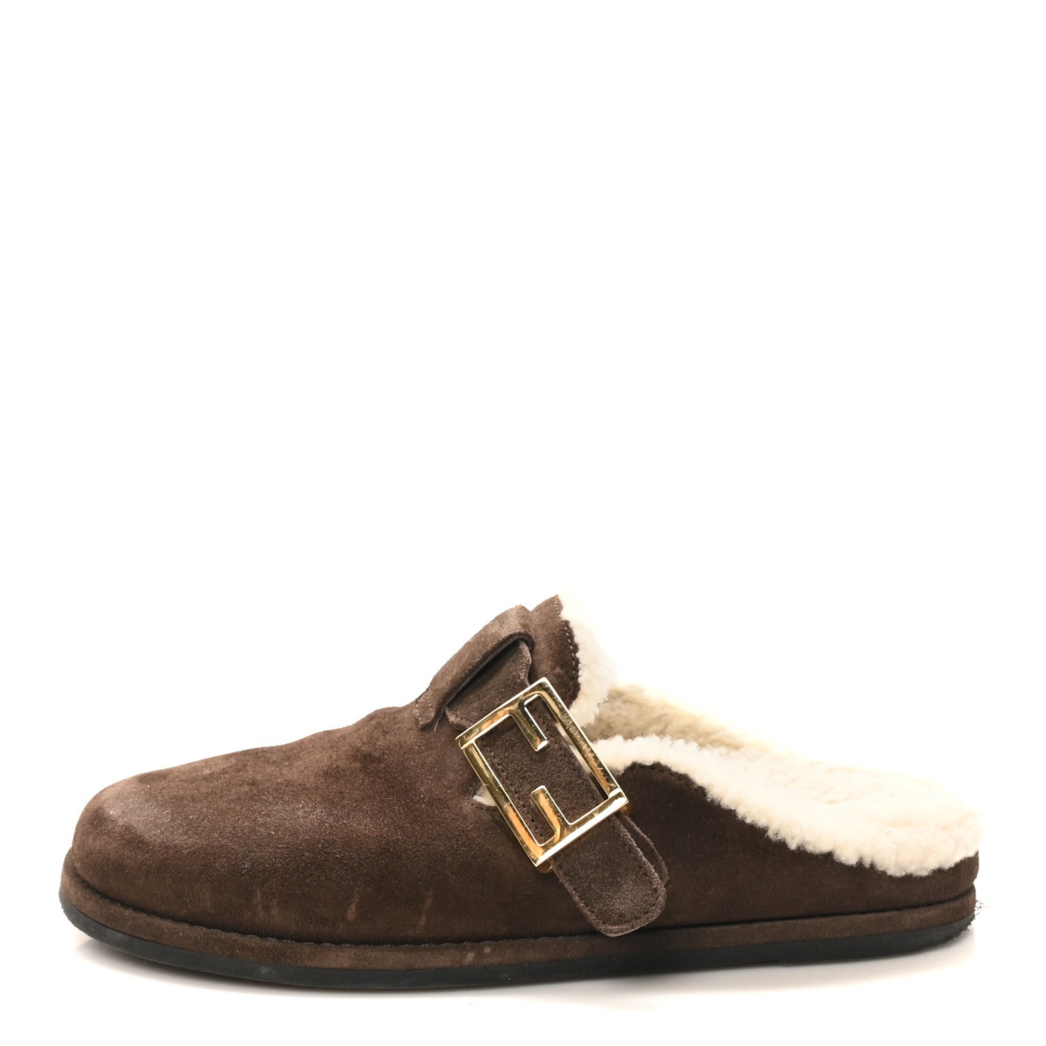 Suede Shearling Fendi Feel Buckled Clogs 36 Mogano Latte