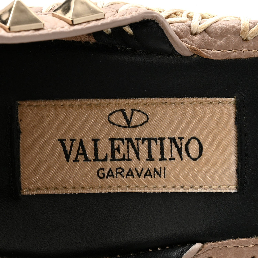 Grained Calfskin Rockstud Ankle Strap Espadrille 15/105mm Wedge Sandals 35 Rose Quartz Natural