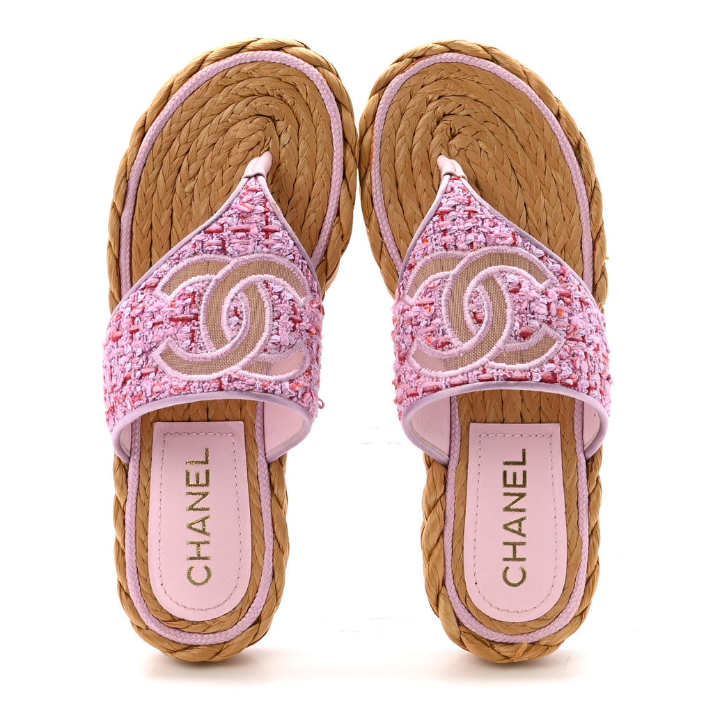Tweed Mesh Satin CC Thong Sandals 37 Light Purple Pink Red