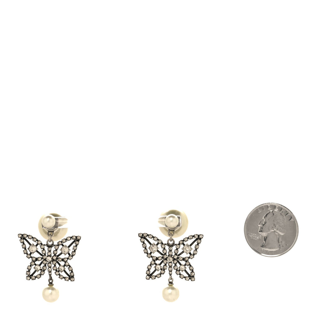 Crystal Pearl Butterfly Drop Earrings Silver