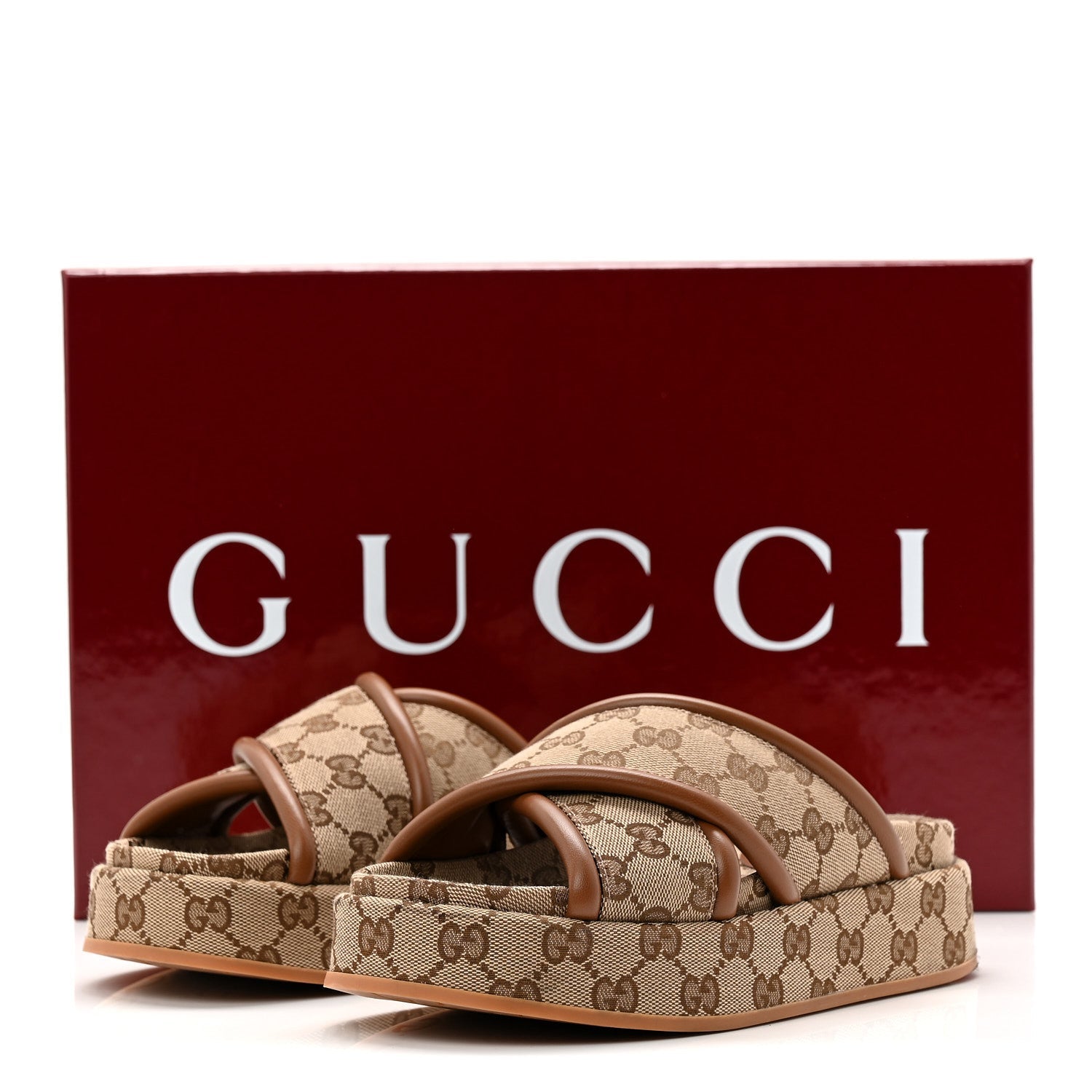 Monogram GG Calfskin Angelina Platform 55mm Slide Sandals 35 Camel Ebony