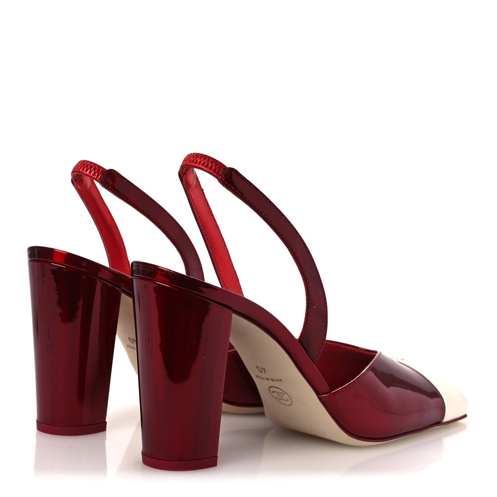 Laminated Calfskin Lambskin Cap Toe CC Slingback Pumps 40 Red Ivory