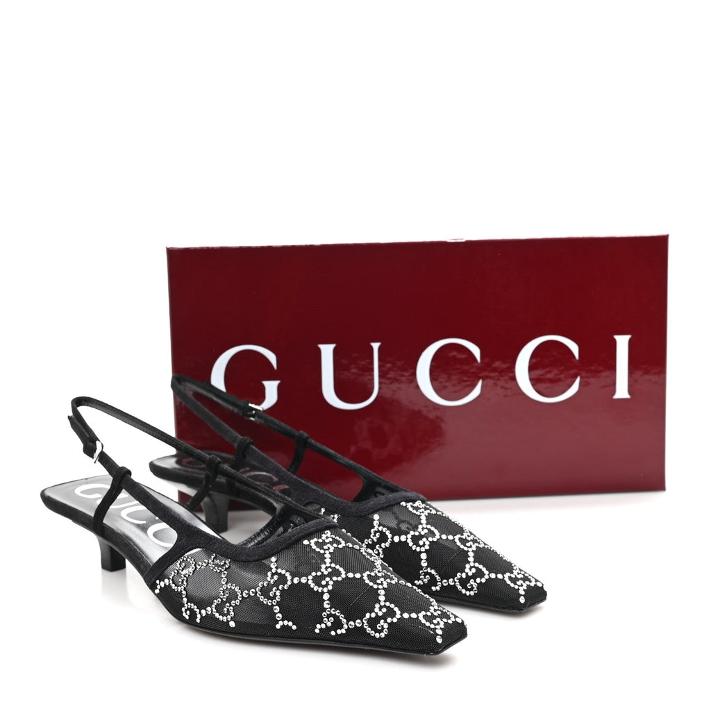 Tela Retino Kid Scamosciato Crystal GG Monogram Square G 35mm Slingback Pumps 37.5 Black