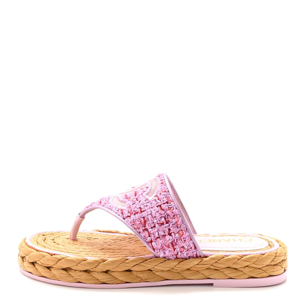 Tweed Mesh Satin CC Thong Sandals 37 Light Purple Pink Red