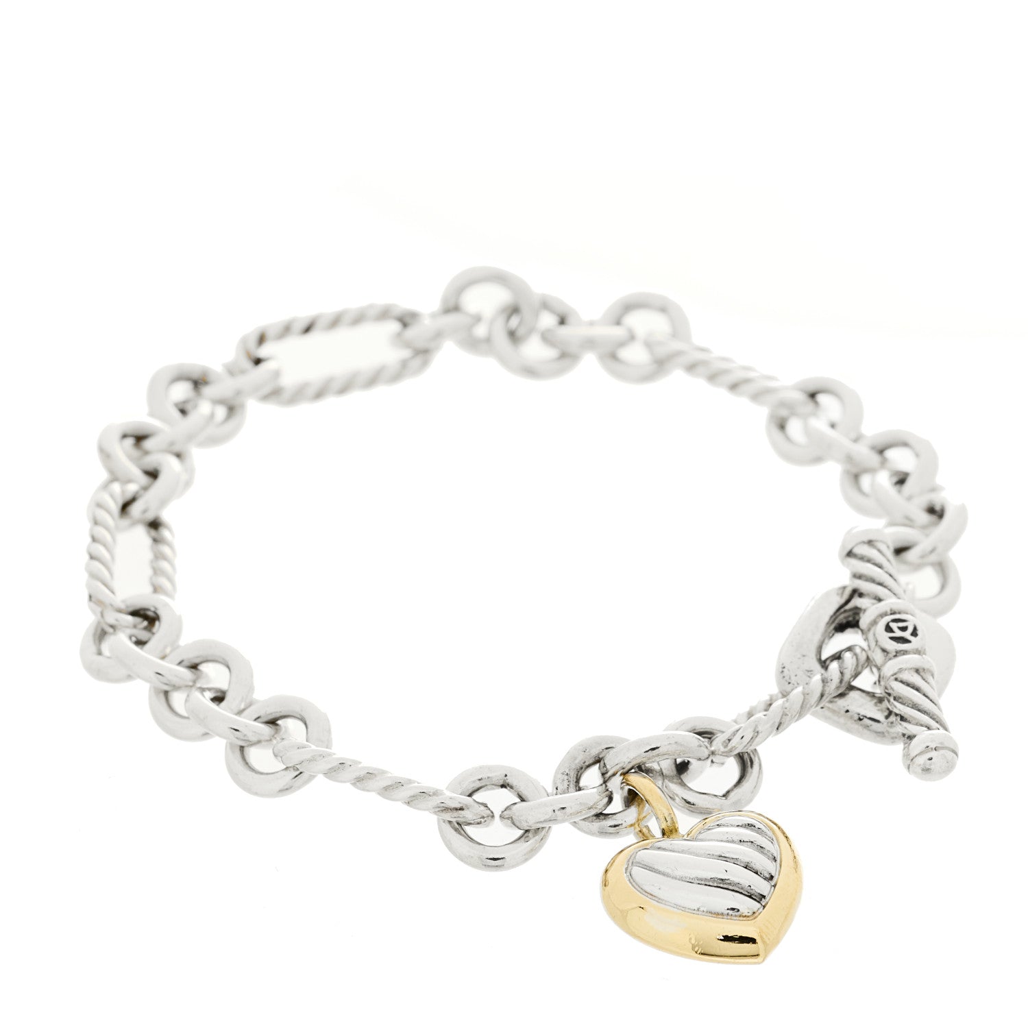 Sterling Silver 18K Yellow Gold Cable Heart Charm Bracelet