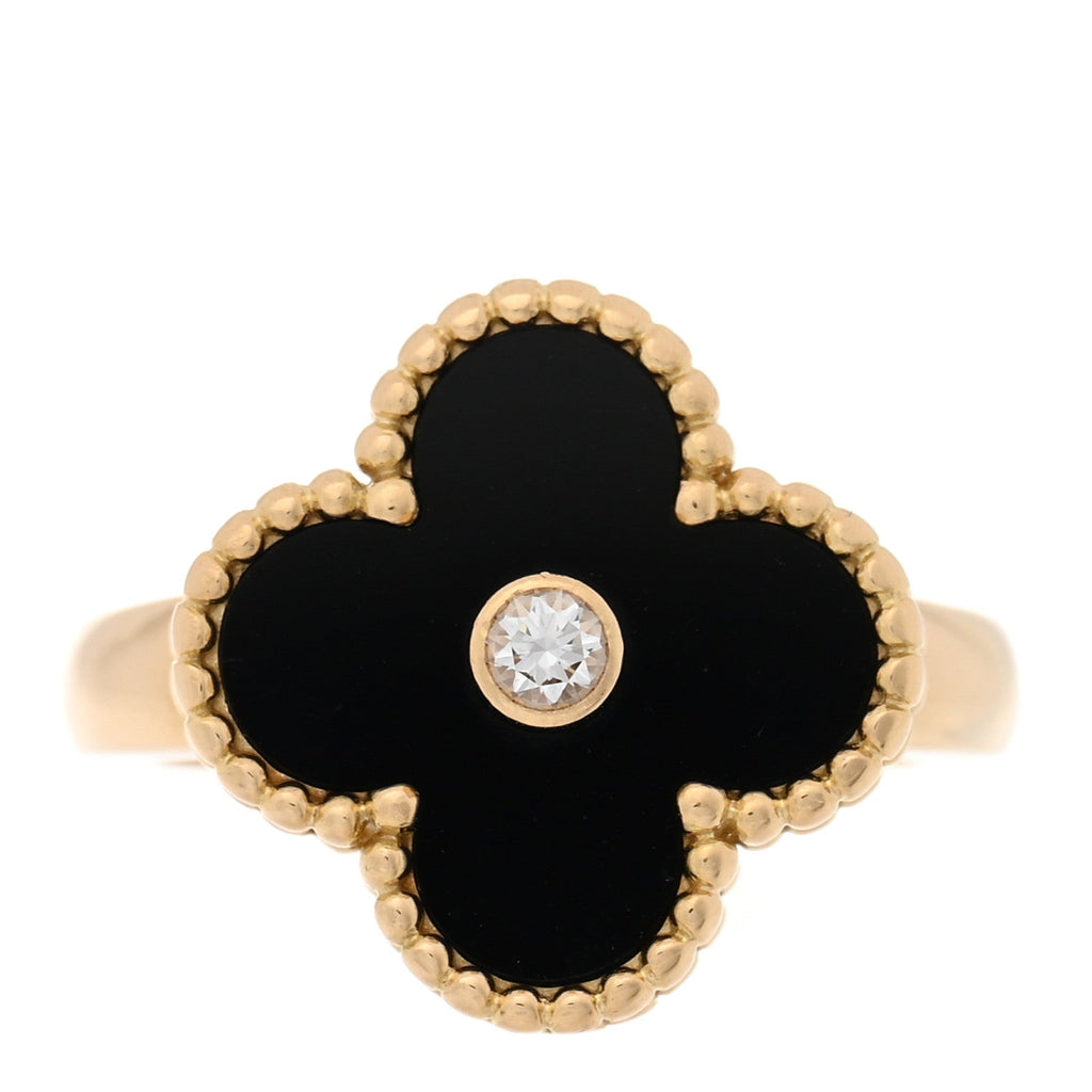 18K Yellow Gold Diamond Black Onyx Vintage Alhambra Ring 48 4.5