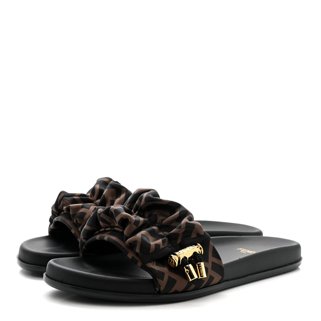 Satin FF Fendi Feel Slide Sandals 38 Tobacco Black
