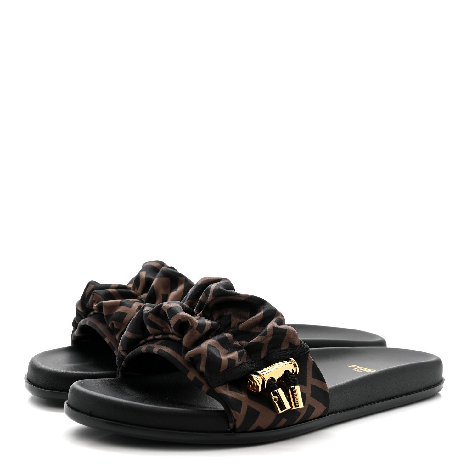 Satin FF Fendi Feel Slide Sandals 38 Tobacco Black