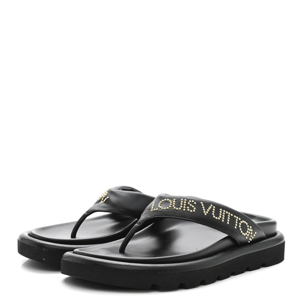 Calfskin Logo Studded Pillow Flat Thong Sandals 35 Black