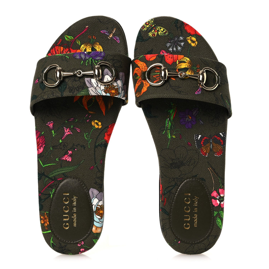 Canvas Flora Floral Horsebit Slide Sandals 36 Green